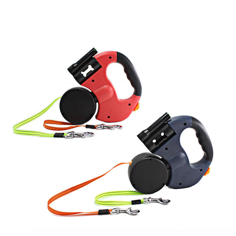 Dual Headed Pet Leashes with Flashlight Garbage Bag