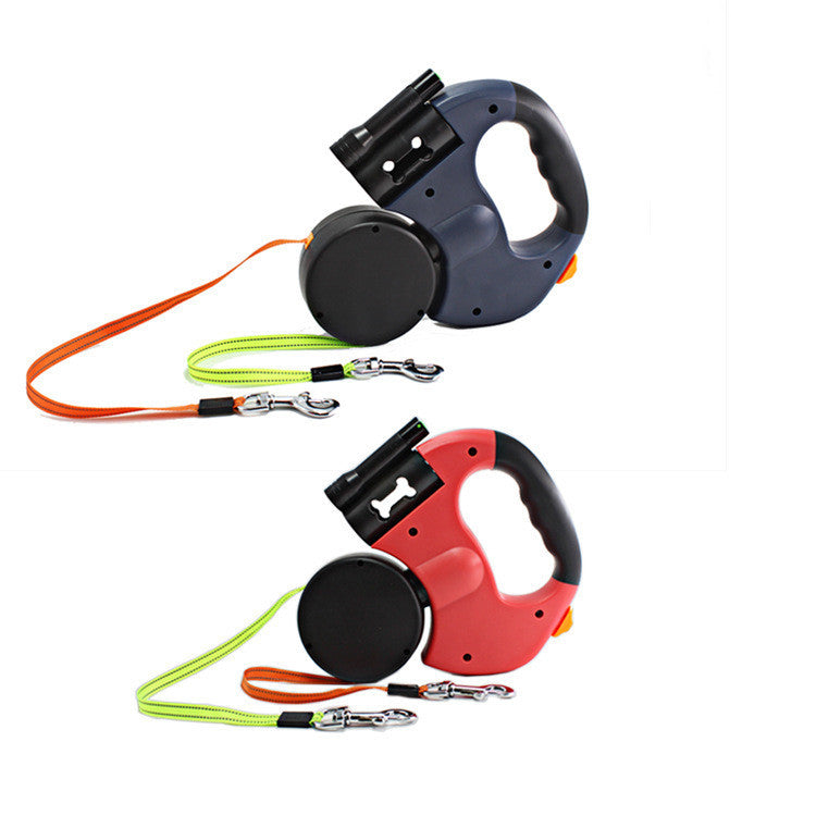 Dual Headed Pet Leashes with Flashlight Garbage Bag