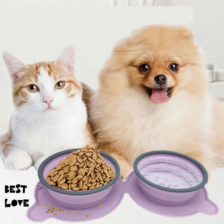 Portable Silicone Double Dog Food Bowls Foldable Non-Slip